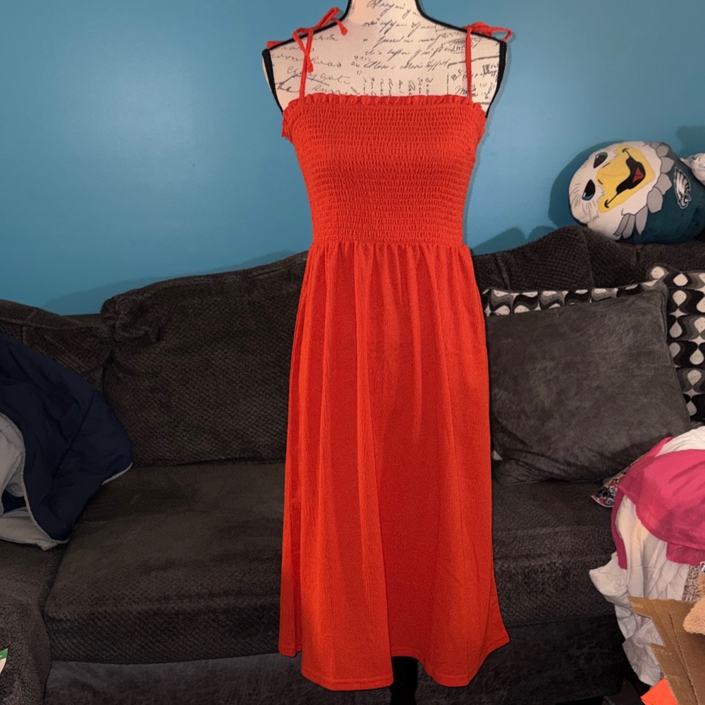 Red Tie-Shoulder Smocked Midi Dress